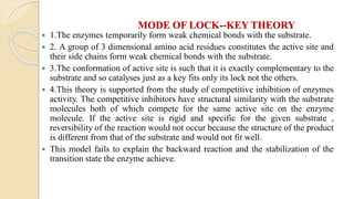 MODE OF LOCK--KEY THEORY
 1.The enzymes temporarily form weak chemical bonds with the substrate.
 2. A group of 3 dimensional amino acid residues constitutes the active site and
their side chains form weak chemical bonds with the substrate.
 3.The conformation of active site is such that it is exactly complementary to the
substrate and so catalyses just as a key fits only its lock not the others.
 4.This theory is supported from the study of competitive inhibition of enzymes
activity. The competitive inhibitors have structural similarity with the substrate
molecules both of which compete for the same active site on the enzyme
molecule. If the active site is rigid and specific for the given substrate ,
reversibility of the reaction would not occur because the structure of the product
is different from that of the substrate and would not fit well.
 This model fails to explain the backward reaction and the stabilization of the
transition state the enzyme achieve.
 