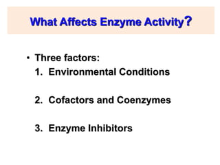 28
What Affects Enzyme Activity?
• Three factors:
1. Environmental Conditions
2. Cofactors and Coenzymes
3. Enzyme Inhibitors
 