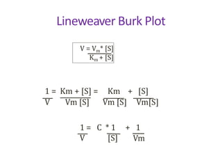 Lineweaver Burk Plot
V = Vm* [S]
Km + [S]
1 = Km + [S] =
V Vm [S]
Km + [S]
Vm [S] Vm[S]
1 = C * 1 + 1
V [S] Vm
 