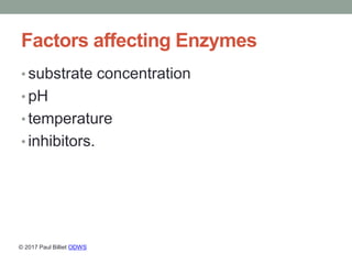 Factors affecting Enzymes
• substrate concentration
• pH
• temperature
• inhibitors.
© 2017 Paul Billiet ODWS
 