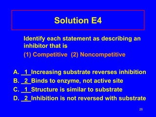 26
Solution E4
Identify each statement as describing an
inhibitor that is
(1) Competitive (2) Noncompetitive
A. 1 Increasing substrate reverses inhibition
B. 2 Binds to enzyme, not active site
C. 1 Structure is similar to substrate
D. 2 Inhibition is not reversed with substrate
 
