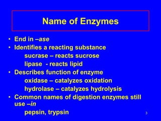 3
Name of Enzymes
• End in –ase
• Identifies a reacting substance
sucrase – reacts sucrose
lipase - reacts lipid
• Describes function of enzyme
oxidase – catalyzes oxidation
hydrolase – catalyzes hydrolysis
• Common names of digestion enzymes still
use –in
pepsin, trypsin
 