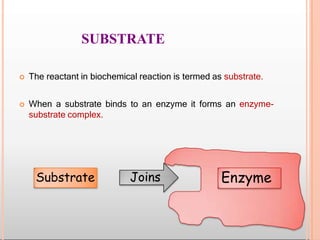 SUBSTRATE
 The reactant in biochemical reaction is termed as substrate.
 When a substrate binds to an enzyme it forms an enzyme-
substrate complex.
Enzyme
Joins
Substrate
 
