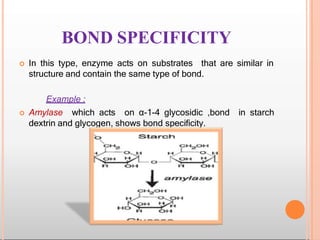 BOND SPECIFICITY
 In this type, enzyme acts on substrates that are similar in
structure and contain the same type of bond.
Example :
 Amylase which acts on α-1-4 glycosidic ,bond in starch
dextrin and glycogen, shows bond specificity.
 