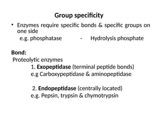 Group Specificity Example Classification and factors affecting enzyme activity | PPTX