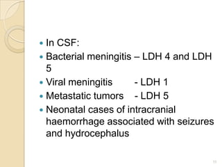  In CSF:
 Bacterial meningitis – LDH 4 and LDH
  5
 Viral meningitis     - LDH 1
 Metastatic tumors - LDH 5
 Neonatal cases of intracranial
  haemorrhage associated with seizures
  and hydrocephalus

                                     11
 