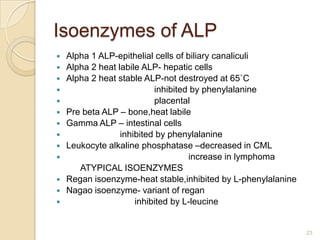 Isoenzymes of ALP
   Alpha 1 ALP-epithelial cells of biliary canaliculi
   Alpha 2 heat labile ALP- hepatic cells
   Al...