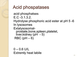 Acid phospatases
acid phosphatses
E.C -3.1.3.2.
Hydrolyse phosphoric acid ester at pH 5 -6
In lysosomes
Extalysosomal-
  p...