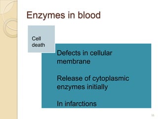 Enzymes in blood

 Cell
 death
         Defects in cellular
         membrane

         Release of cytoplasmic
         enzymes initially

         In infarctions
                                  35
 
