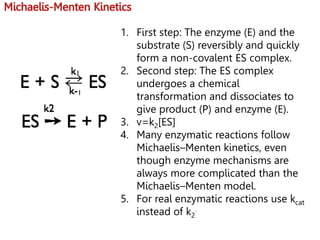1. First step: The enzyme (E) and the
substrate (S) reversibly and quickly
form a non-covalent ES complex.
2. Second step: The ES complex
undergoes a chemical
transformation and dissociates to
give product (P) and enzyme (E).
3. v=k2[ES]
4. Many enzymatic reactions follow
Michaelis–Menten kinetics, even
though enzyme mechanisms are
always more complicated than the
Michaelis–Menten model.
5. For real enzymatic reactions use kcat
instead of k2
.
 