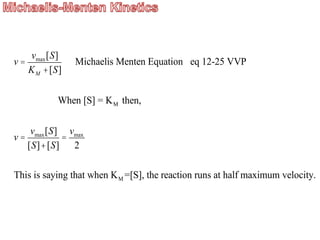 v =
vmax[S]
KM +[S]
Michaelis Menten Equation eq 12-25 VVP
When [S] = KM then,
v =
vmax[S]
[S]+[S]
=
vmax
2
This is saying that when KM =[S], the reaction runs at half maximum velocity.
 