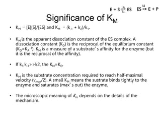 Significance of KM
• KM = [E][S]/[ES] and KM = (k-1 + k2)/k1.
• KM is the apparent dissociation constant of the ES complex. A
dissociation constant (KD) is the reciprocal of the equilibrium constant
(KD=KA
-1). KM is a measure of a substrate’s affinity for the enzyme (but
it is the reciprocal of the affinity).
• If k1,k-1>>k2, the KM=KD.
• KM is the substrate concentration required to reach half-maximal
velocity (vmax/2). A small KM means the sustrate binds tightly to the
enzyme and saturates (max’s out) the enzyme.
• The microscopic meaning of Km depends on the details of the
mechanism.
 