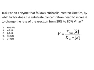 Task:For an enzyme that follows Michaelis-Menten kinetics, by
what factor does the substrate concentration need to increase
to change the rate of the reaction from 20% to 80% Vmax?
]
[
]
[
max
S
K
S
V
V
m 

A. two-fold
B. 4-fold
C. 8-fold
D. 16-fold
E. 24-fold
 