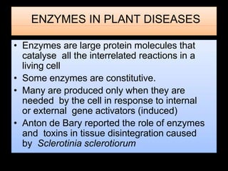 ENZYMES IN PLANT DISEASES
• Enzymes are large protein molecules that
catalyse all the interrelated reactions in a
living cell
• Some enzymes are constitutive.
• Many are produced only when they are
needed by the cell in response to internal
or external gene activators (induced)
• Anton de Bary reported the role of enzymes
and toxins in tissue disintegration caused
by Sclerotinia sclerotiorum
 