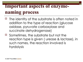 Important aspects of enzyme-
naming process
 The identity of the substrate is often noted in
addition to the type of reaction (glucose
oxidase, pyruvate carboxylase and
succinate dehydrogenase)
 Sometimes, the substrate but not the
reaction type is given ( urease & lactase), in
such names, the reaction involved is
hyrdolysis
© 2007 Paul Billiet ODWS
 