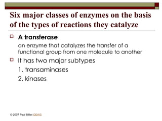 Six major classes of enzymes on the basis
of the types of reactions they catalyze
 A transferase
an enzyme that catalyzes the transfer of a
functional group from one molecule to another
 It has two major subtypes
1. transaminases
2. kinases
© 2007 Paul Billiet ODWS
 