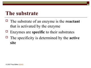The substrate
 The substrate of an enzyme is the reactant
that is activated by the enzyme
 Enzymes are specific to their substrates
 The specificity is determined by the active
site
© 2007 Paul Billiet ODWS
 