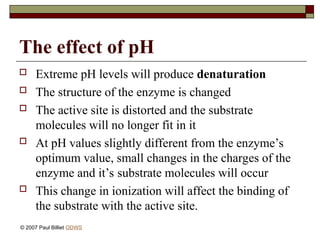 The effect of pH
 Extreme pH levels will produce denaturation
 The structure of the enzyme is changed
 The active site is distorted and the substrate
molecules will no longer fit in it
 At pH values slightly different from the enzyme’s
optimum value, small changes in the charges of the
enzyme and it’s substrate molecules will occur
 This change in ionization will affect the binding of
the substrate with the active site.
© 2007 Paul Billiet ODWS
 
