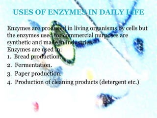 USES OF ENZYMES IN DAILY LIFE
Enzymes are produced in living organisms by cells but
the enzymes used for commercial purposes are
synthetic and made in industries.
Enzymes are used in:
1. Bread production.
2. Fermentation.
3. Paper production.
4. Production of cleaning products (detergent etc.)
 