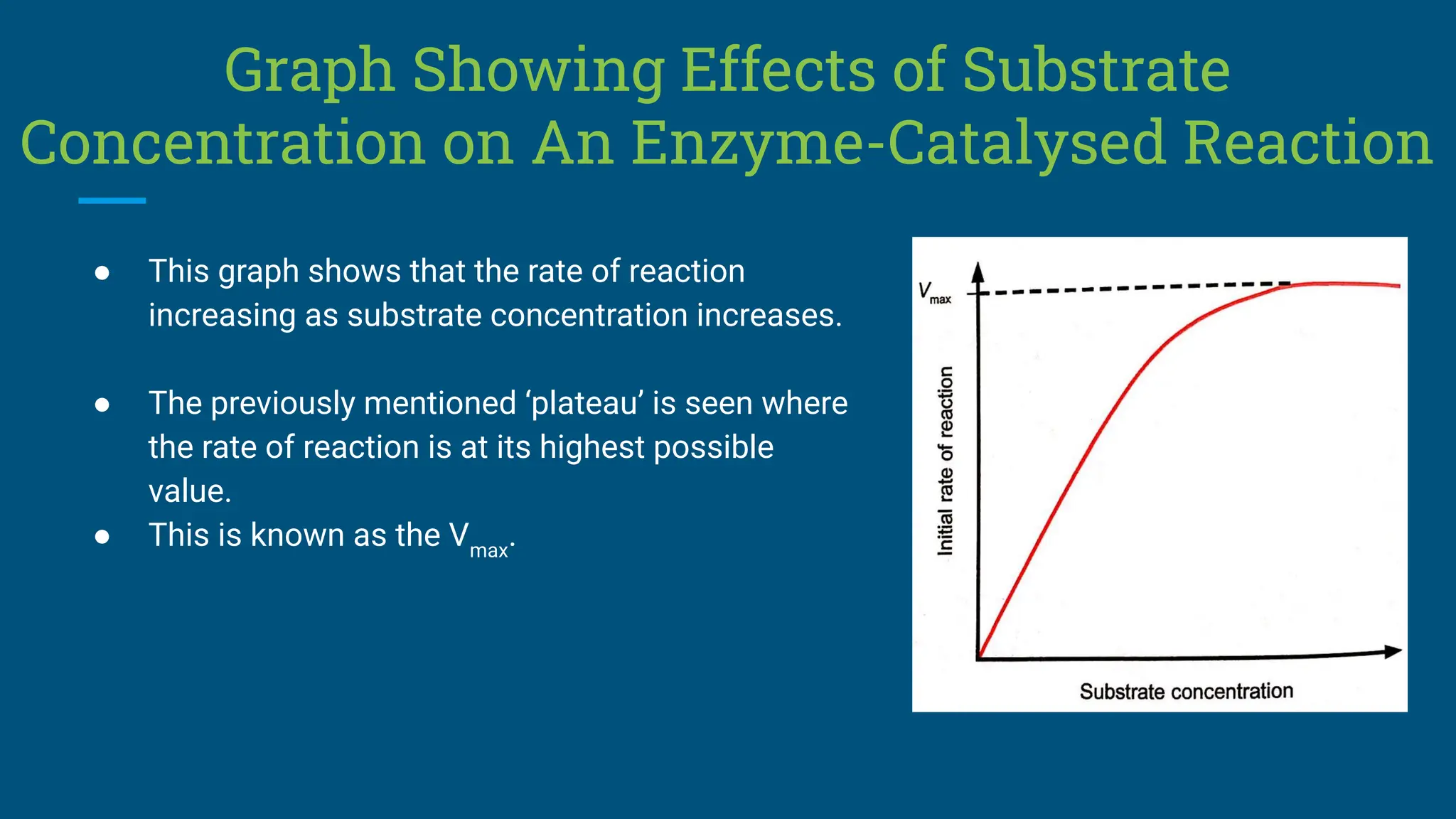 Graph Showing Effects of Substrate
Concentration on An Enzyme-Catalysed Reaction
● This graph shows that the rate of reaction
increasing as substrate concentration increases.
● The previously mentioned ‘plateau’ is seen where
the rate of reaction is at its highest possible
value.
● This is known as the Vmax
.
 