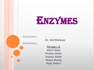 ENZYMES
Submitted to:

Dr. Gul Shahnaz
Submitted by:

Group 1 A
Adeel Afzal
Fatima Saleh
Fatima Zahid
Maida Shafiq
Najia Hafeez

 
