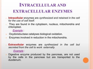 INTRACELLULAR AND
EXTRACELLULAR ENZYMES
o

o




o



Intracellular enzymes are synthesized and retained in the cell
for the use of cell itself.
They are found in the cytoplasm, nucleus, mitochondria and
chloroplast.
Example :
Oxydoreductase catalyses biological oxidation.
Enzymes involved in reduction in the mitochondria.
Extracellular enzymes are synthesized in the cell but
secreted from the cell to work externally.
Example :
Digestive enzyme produced by the pancreas, are not used
by the cells in the pancreas but are transported to the
duodenum.

 