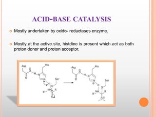 ACID-BASE CATALYSIS


Mostly undertaken by oxido- reductases enzyme.



Mostly at the active site, histdine is present which act as both
proton donor and proton acceptor.

 