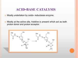 ACID-BASE CATALYSIS


Mostly undertaken by oxido- reductases enzyme.



Mostly at the active site, histdine is present w...
