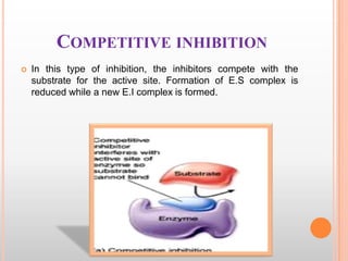 COMPETITIVE INHIBITION


In this type of inhibition, the inhibitors compete with the
substrate for the active site. Forma...