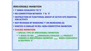 IRREVERSIBLE INHIBITION
 ‘I’ BINDS COVALENTLY TO ʽEʼ
 NO COMPETITION BETWEEN ʽIʼ & ʽSʼ
 DESTRUCTION OF FUNCTIONAL GROUP...