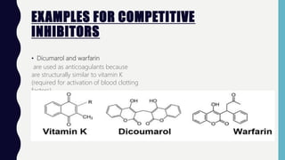 EXAMPLES FOR COMPETITIVE
INHIBITORS
• Dicumarol and warfarin
are used as anticoagulants because
are structurally similar to vitamin K
(required for activation of blood clotting
factors).
 
