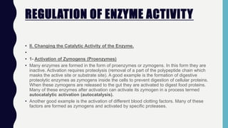 REGULATION OF ENZYME ACTIVITY
• II. Changing the Catalytic Activity of the Enzyme.
•
• 1- Activation of Zymogens (Proenzymes)
• Many enzymes are formed in the form of proenzymes or zymogens. In this form they are
inactive. Activation requires proteolysis (removal of a part of the polypeptide chain which
masks the active site or substrate site). A good example is the formation of digestive
proteolytic enzymes as zymogens inside the cells to prevent digestion of cellular proteins.
When these zymogens are released to the gut they are activated to digest food proteins.
Many of these enzymes after activation can activate its zymogen in a process termed
autocatalytic activation (autocatalysis).
• Another good example is the activation of different blood clotting factors. Many of these
factors are formed as zymogens and activated by specific proteases.
 