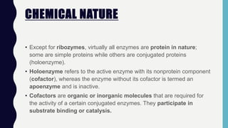 CHEMICAL NATURE
• Except for ribozymes, virtually all enzymes are protein in nature;
some are simple proteins while others are conjugated proteins
(holoenzyme).
• Holoenzyme refers to the active enzyme with its nonprotein component
(cofactor), whereas the enzyme without its cofactor is termed an
apoenzyme and is inactive.
• Cofactors are organic or inorganic molecules that are required for
the activity of a certain conjugated enzymes. They participate in
substrate binding or catalysis.
 