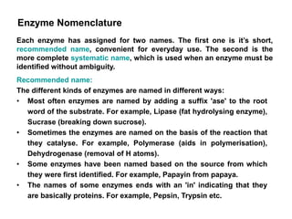 Enzyme Nomenclature
Recommended name:
The different kinds of enzymes are named in different ways:
• Most often enzymes are named by adding a suffix 'ase' to the root
word of the substrate. For example, Lipase (fat hydrolysing enzyme),
Sucrase (breaking down sucrose).
• Sometimes the enzymes are named on the basis of the reaction that
they catalyse. For example, Polymerase (aids in polymerisation),
Dehydrogenase (removal of H atoms).
• Some enzymes have been named based on the source from which
they were first identified. For example, Papayin from papaya.
• The names of some enzymes ends with an 'in' indicating that they
are basically proteins. For example, Pepsin, Trypsin etc.
Each enzyme has assigned for two names. The first one is it’s short,
recommended name, convenient for everyday use. The second is the
more complete systematic name, which is used when an enzyme must be
identified without ambiguity.
 