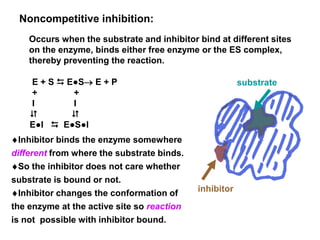 Noncompetitive inhibition:
Occurs when the substrate and inhibitor bind at different sites
on the enzyme, binds either free enzyme or the ES complex,
thereby preventing the reaction.
E + S  E●S E + P
+ +
I I
 
E●I  E●S●l
inhibitor
substrate
Inhibitor binds the enzyme somewhere
different from where the substrate binds.
So the inhibitor does not care whether
substrate is bound or not.
Inhibitor changes the conformation of
the enzyme at the active site so reaction
is not possible with inhibitor bound.
 