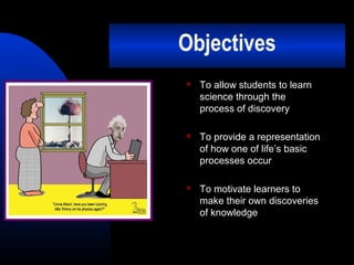 Objectives


To allow students to learn
science through the
process of discovery



To provide a representation
of how one of life’s basic
processes occur



To motivate learners to
make their own discoveries
of knowledge

 