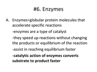 #6. Enzymes Enzymes=globular protein molecules that accelerate specific reactions -enzymes are a type of catalyst -they speed up reactions without changing the products or equilibrium of the reaction -assist in reaching equilibrium faster - catalytic action of enzymes converts substrate to product faster 