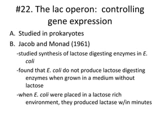 #22. The lac operon:  controlling gene expression Studied in prokaryotes Jacob and Monad (1961) -studied synthesis of lactose digesting enzymes in  E. coli -found that  E. coli  do not produce lactose digesting enzymes when grown in a medium without lactose -when  E. coli  were placed in a lactose rich environment, they produced lactase w/in minutes 