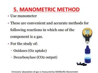 5. MANOMETRIC METHOD
Emission/ absorption of gas is measured by WARBURG Manometer
 