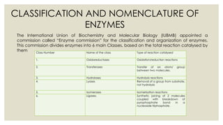 CLASSIFICATION AND NOMENCLATURE OF
ENZYMES
Class Number Name of the class Type of reaction catalysed
1. Oxidoreductases Oxidation/reduction reactions
2. Transferases Transfer of an atom/ group
between two molecules.
3. Hydrolases Hydrolysis reactions
4. Lyases Removal of a group from substrate,
not hydrolysis
5. Isomerases Isomerisation reactions
6. Ligases. Synthetic joining of 2 molecules
coupled with breakdown of
pyrophosphate bond in a
nucleoside triphosphate.
The International Union of Biochemistry and Molecular Biology (IUBMB) appointed a
commission called “Enzyme commission” for the classification and organization of enzymes.
This commission divides enzymes into 6 main Classes, based on the total reaction catalysed by
them
 