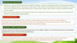 BEVERAGE INDUSTRY
 Cellulases is a part of macerating enzymes complex (cellulases, xylanases, and pectinases) for extraction and clarification
of fruit and vegetable juices to increase the yield of juices. They improve cloud stability and texture and decrease viscosity
of the nectars and purees from tropical fruits such as mango, peach, papaya, plum, apricot, and pear and decreases their
viscosity rapidly
 Flavor, and aroma properties of fruits and vegetables can be improved by reducing excessive bitterness of citrus fruits by
infusion of enzymes such as β-glucosidases.
Enzyme mixtures containing pectinases, cellulases, used for improved extraction of olive oil , rapid and intense
disintegration of the cell walls and membranes of the olive fruits, thereby favoring also the passage of noble substances
(particularly the polyphenols and aromatic precursors) into the final product.
Cellulases effectively hydrolyse the anti-nutritional factors and complex cellulose, in the feed materials into easily absorbent
ingredient thus improve animal health and performance
ANIMAL FEED INDUSTRY
The wastes generated from forests, agricultural fields, and agro-industries contain a large amount of unutilized or
underutilized cellulose, causing environmental pollution can be converted by cellulose to useful products
WASTE MANAGEMENT
OIL EXTRACTION
 