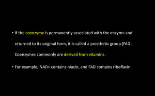 • If the coenzyme is permanently associated with the enzyme and
returned to its original form, it is called a prosthetic group (FAD .
Coenzymes commonly are derived from vitamins.
• For example, NAD+ contains niacin, and FAD contains riboflavin
 
