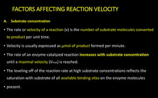FACTORS AFFECTING REACTION VELOCITY
A. Substrate concentration
• The rate or velocity of a reaction (v) is the number of substrate molecules converted
to product per unit time.
• Velocity is usually expressed as μmol of product formed per minute.
• The rate of an enzyme-catalyzed reaction increases with substrate concentration
until a maximal velocity (Vmax) is reached.
• The leveling off of the reaction rate at high substrate concentrations reflects the
saturation with substrate of all available binding sites on the enzyme molecules
• present.
 