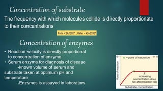 Concentration of substrate
The frequency with which molecules collide is directly proportionate
to their concentrations
Concentration of enzymes
• Reaction velocity is directly proportional
to concentration of enzyme
• Serum enzyme for diagnosis of disease
-known volume of serum and
substrate taken at optimum pH and
temperature
-Enzymes is assayed in laboratory
 
