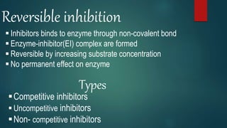 Reversible inhibition
 Inhibitors binds to enzyme through non-covalent bond
 Enzyme-inhibitor(EI) complex are formed
 Reversible by increasing substrate concentration
 No permanent effect on enzyme
Types
Competitive inhibitors
 Uncompetitive inhibitors
Non- competitive inhibitors
 