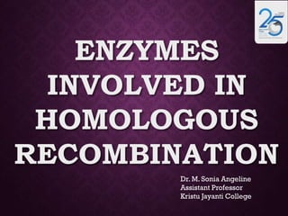 ENZYMES
INVOLVED IN
HOMOLOGOUS
RECOMBINATION
Dr. M. Sonia Angeline
Assistant Professor
Kristu Jayanti College
 