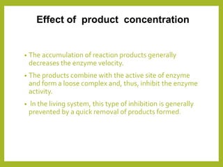 Effect of product concentration
• The accumulation of reaction products generally
decreases the enzyme velocity.
• The products combine with the active site of enzyme
and form a loose complex and, thus, inhibit the enzyme
activity.
• ln the living system, this type of inhibition is generally
prevented by a quick removal of products formed.
 