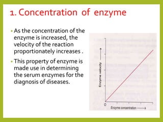 1. Concentration of enzyme
• As the concentration of the
enzyme is increased, the
velocity of the reaction
proportionately increases .
• This property of enzyme is
made use in determining
the serum enzymes for the
diagnosis of diseases.
 