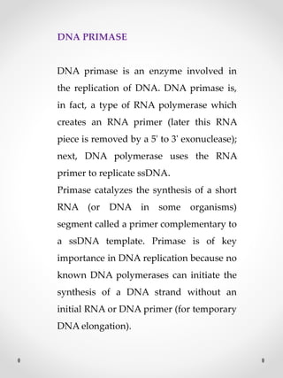 DNA PRIMASE
DNA primase is an enzyme involved in
the replication of DNA. DNA primase is,
in fact, a type of RNA polymerase which
creates an RNA primer (later this RNA
piece is removed by a 5' to 3' exonuclease);
next, DNA polymerase uses the RNA
primer to replicate ssDNA.
Primase catalyzes the synthesis of a short
RNA (or DNA in some organisms)
segment called a primer complementary to
a ssDNA template. Primase is of key
importance in DNA replication because no
known DNA polymerases can initiate the
synthesis of a DNA strand without an
initial RNA or DNA primer (for temporary
DNA elongation).
 