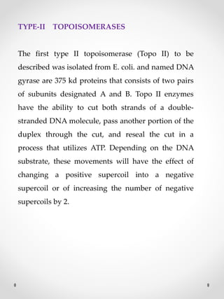 TYPE-II TOPOISOMERASES
The first type II topoisomerase (Topo II) to be
described was isolated from E. coli. and named DNA
gyrase are 375 kd proteins that consists of two pairs
of subunits designated A and B. Topo II enzymes
have the ability to cut both strands of a double-
stranded DNA molecule, pass another portion of the
duplex through the cut, and reseal the cut in a
process that utilizes ATP. Depending on the DNA
substrate, these movements will have the effect of
changing a positive supercoil into a negative
supercoil or of increasing the number of negative
supercoils by 2.
 